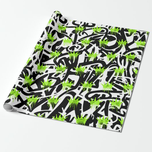 Trendy Graffiti Crown Patroon Groen Zwart Cadeaupapier (Uitgerold)
