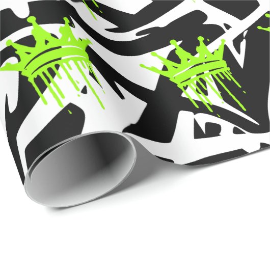 Trendy Graffiti Crown Patroon Groen Zwart Cadeaupapier (Rol Hoek)