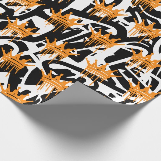 Trendy Graffiti Crown Pattern Sinaasappel Zwart Cadeaupapier (Hoek)