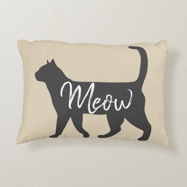 Trendy Gray Cat Silhouette & Taupe Meow Accent Kussen