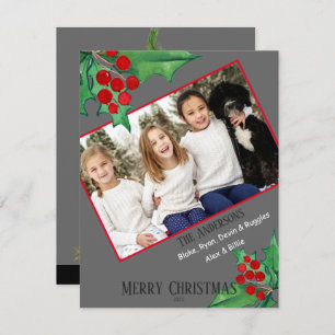 Trendy Gray Xmas Holly Photo Flat Holiday Kaart
