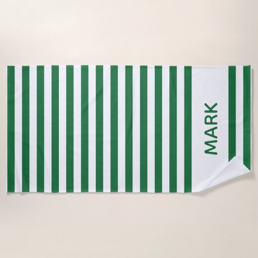 Trendy Green and White Striped Personal Name   Strandlaken (Voorkant)