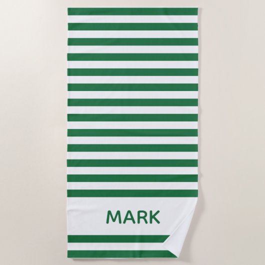 Trendy Green and White Striped Personal Name   Strandlaken (Voorkant)