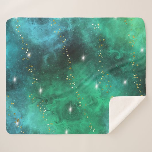 Trendy Green Blue Blauwgroen Gold Galaxy Pattern Sherpa Deken (Voorkant (horizontaal))