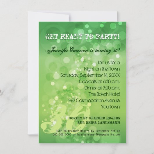 Trendy Green Bokeh Party Invitation Kaart (Voorkant)