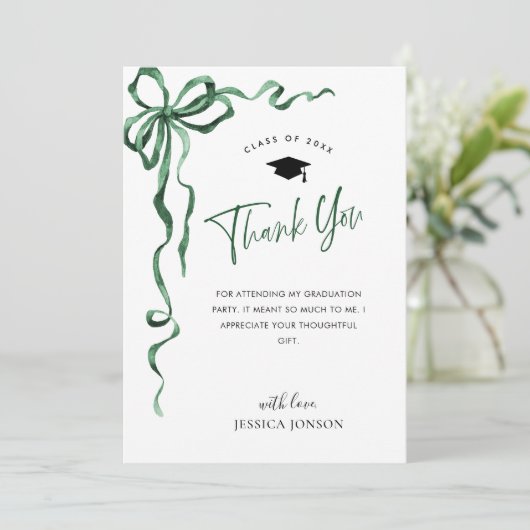 Trendy Green Bow Coquette FOTO Afstuderen Bedankkaart (Staand voorkant)