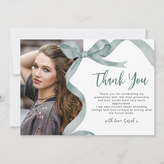 Trendy Green Bow Foto Afstuderen Bedankkaart (Voorkant)