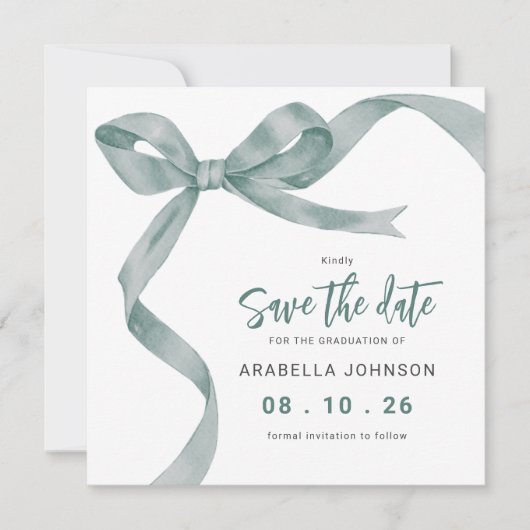 Trendy Green Bow Graduation Save The Date (Voorkant)