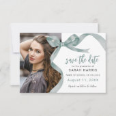 Trendy Green Bow Photo Graduation Save The Date (Voorkant)