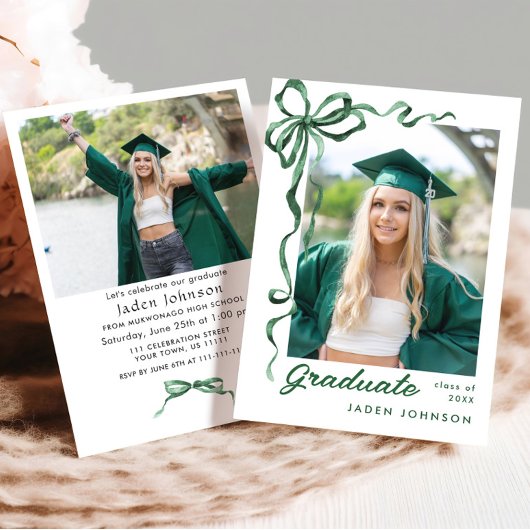Trendy Green Bow Ribbon 2 FOTO Afstudeerfeest I Kaart