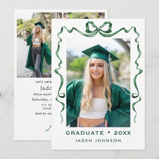 Trendy Green Bow Ribbon 4 FOTO Afstudeerfeest I Kaart (Voorkant / Achterkant)