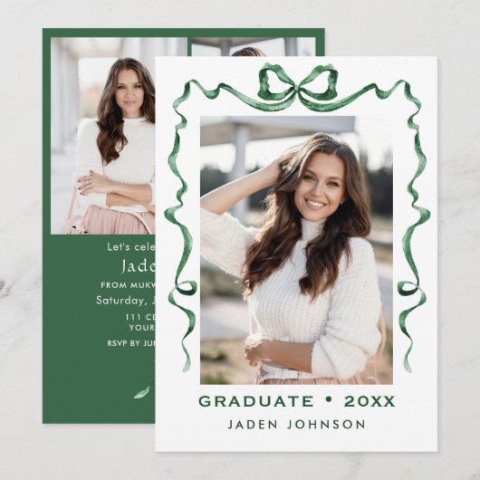 Trendy Green Bow Ribbon 4 FOTO Afstudeerfeest Kaart (Voorkant / Achterkant)