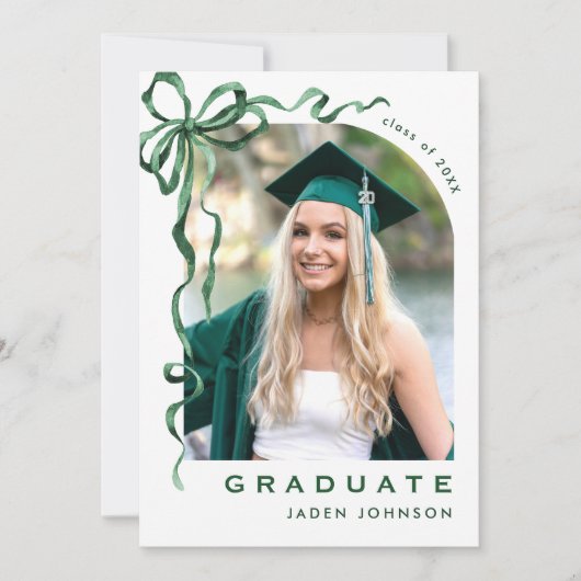 Trendy Green Bow Ribbon 4 FOTO Afstudeerfeest Kaart (Voorkant)