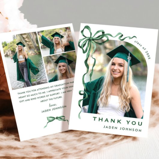 Trendy Green Bow Ribbon 4 FOTO Afstuderen Bedankkaart