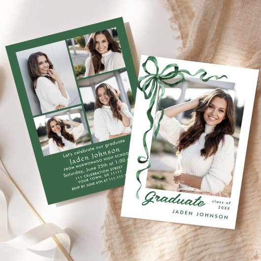 Trendy Green Bow Ribbon 5 FOTO Afstudeerfeest Kaart