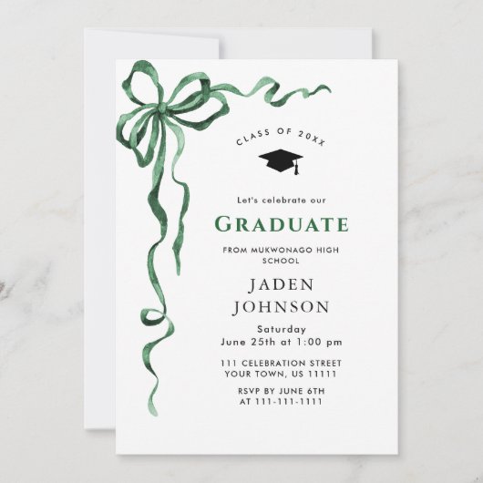 Trendy Green Bow Ribbon FOTO Afstudeerfeest Kaart (Voorkant)