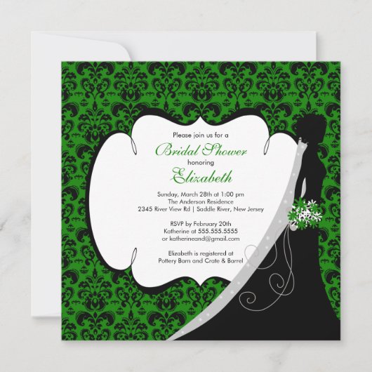Trendy Green Damask Bride Vrijgezellenfeest Invite Kaart (Voorkant)
