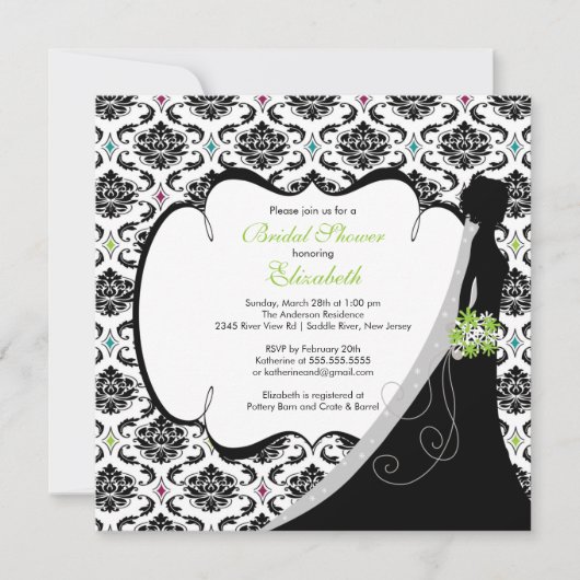 Trendy Green Damask Bride Vrijgezellenfeest Invite Kaart (Voorkant)