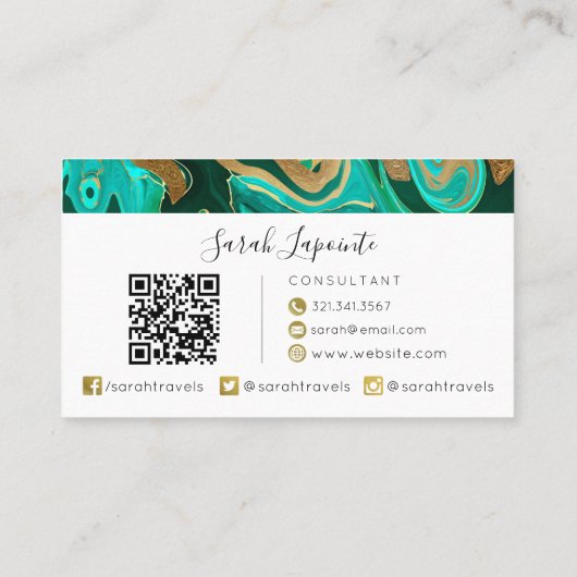 Trendy Green & Gold Liquid Marble QR code Visitekaartje (Achterkant)