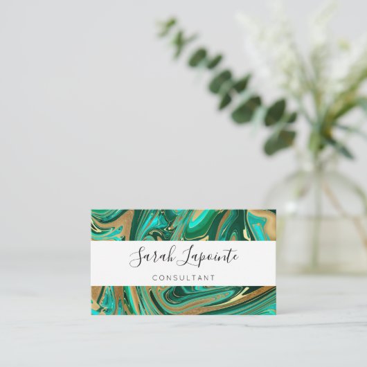 Trendy Green & Gold Liquid Marble Visitekaartje (Staand voorkant)