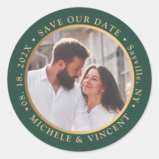 Trendy Green Gold Photo Save the Date Ronde Sticker (Voorkant)