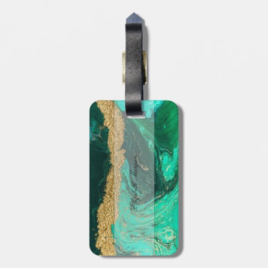 Trendy Green Gold Stone Marble Texture, Monogram Bagagelabel (Achterkant verticaal)