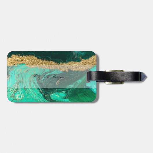 Trendy Green Gold Stone Marble Texture, Monogram Bagagelabel (Achterkant horizontaal)