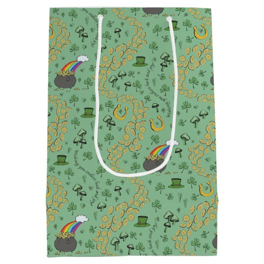 Trendy Green Luck & Joy St Patricks Day Whimsical Medium Cadeauzakje (Achterkant)