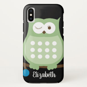 Trendy Green Owl met naam Cell Phone Case