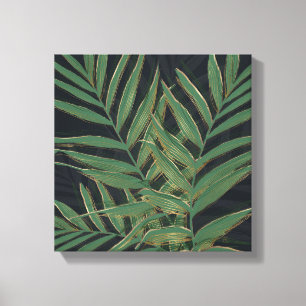 Trendy Green Palm laat gouden lijntjes grijs desig Canvas Afdruk