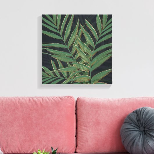 Trendy Green Palm laat gouden lijntjes grijs desig Canvas Afdruk (Insitu (Woonkamer))