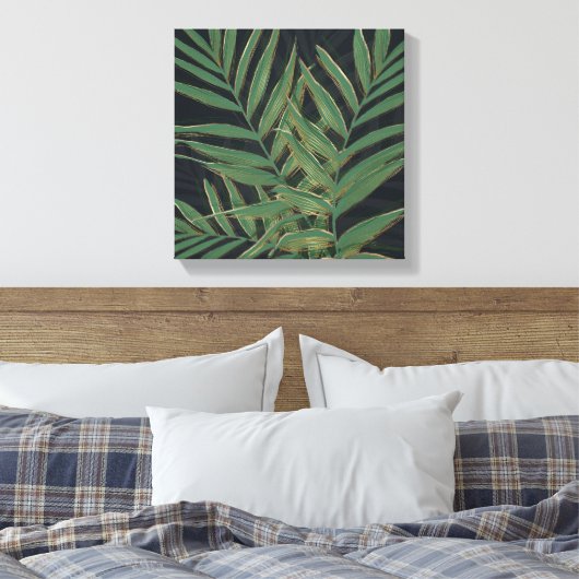 Trendy Green Palm laat gouden lijntjes grijs desig Canvas Afdruk (Insitu (Slaapkamer))