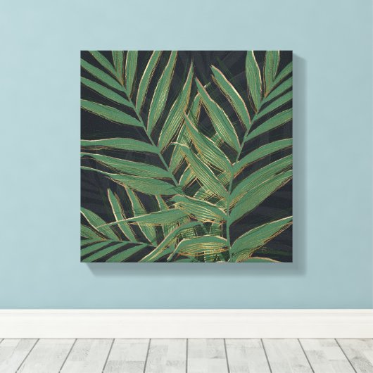 Trendy Green Palm laat gouden lijntjes grijs desig Canvas Afdruk (Insitu (Houten vloer))