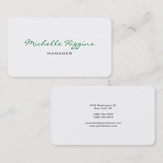 Trendy Green Script White Manager Plain Elegant Visitekaartje (Voorkant / Achterkant)