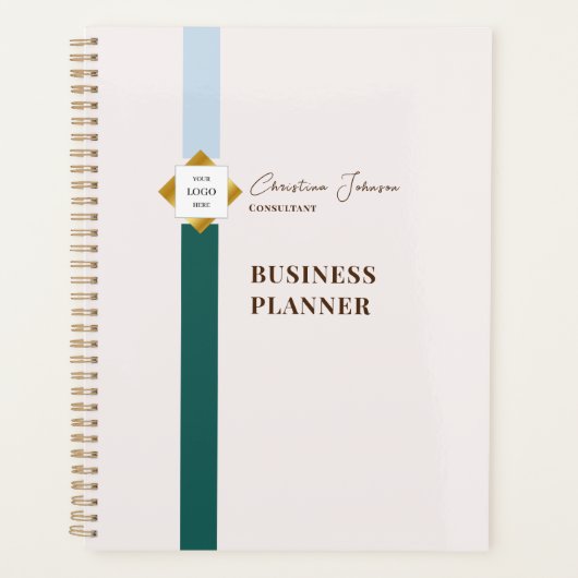 Trendy Green Stripes Gold Logo Planner (Voorkant)