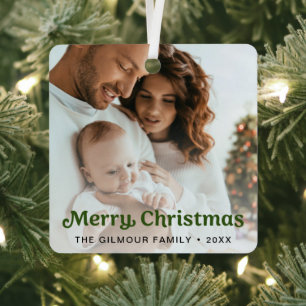 Trendy Green Vrolijk Kerstfeest Familiefoto Metalen Ornament