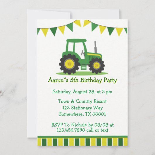 Trendy Green Yellow Tractor Boy Birthday Party Kaart (Voorkant)