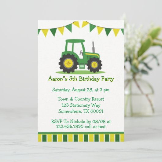 Trendy Green Yellow Tractor Boy Birthday Party Kaart (Staand voorkant)