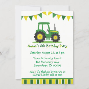 Trendy Green Yellow Tractor Boy Birthday Party Kaart