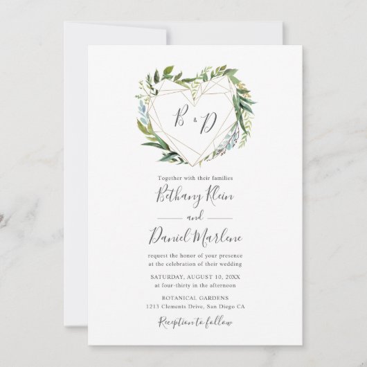 Trendy Greenery met Geometric Heart Wedding Kaart (Voorkant)