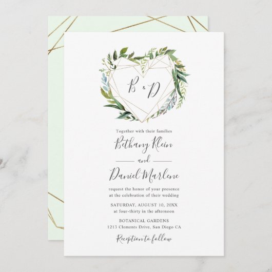 Trendy Greenery met Geometric Heart Wedding Kaart (Voorkant / Achterkant)