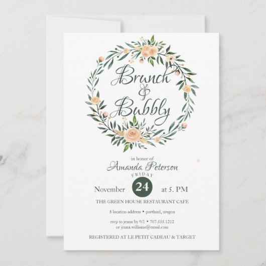 Trendy Greenery Wreath Brunch & Bubble Invitation Kaart (Voorkant)