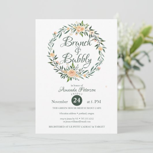 Trendy Greenery Wreath Brunch & Bubble Invitation Kaart (Staand voorkant)