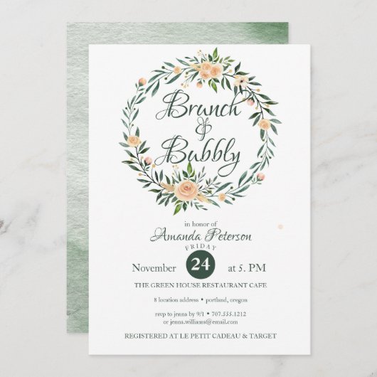 Trendy Greenery Wreath Brunch & Bubble Invitation Kaart (Voorkant / Achterkant)
