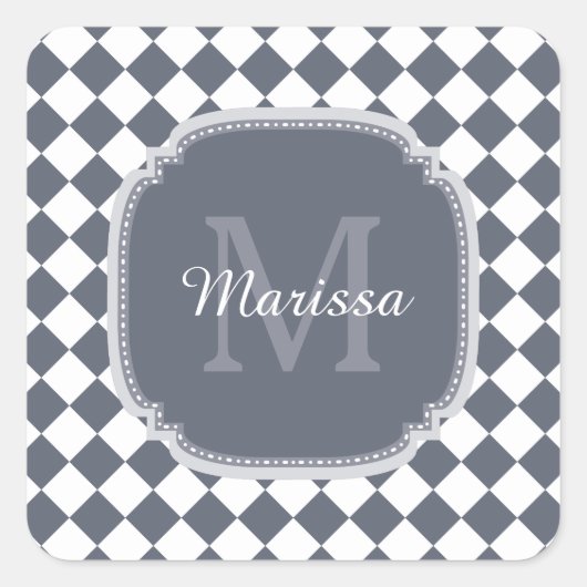 Trendy Grey and White Gecontroleerde Monogramnaam Vierkante Sticker (Voorkant)