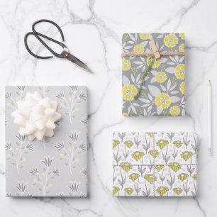 Trendy Grey and Yellow Florals Inpakpapier Vel
