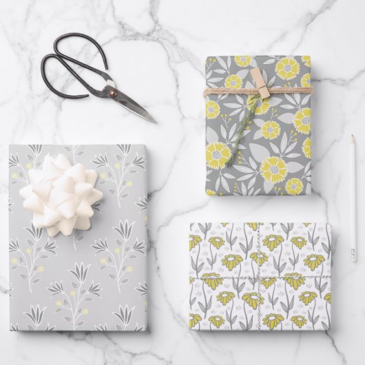 Trendy Grey and Yellow Florals Inpakpapier Vel (Voorkant)