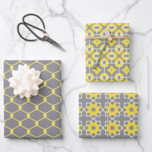 Trendy Grey and Yellow Geometric Pattern Inpakpapier Vel