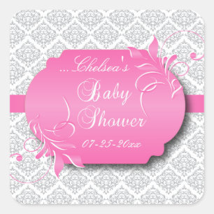 Trendy Grey Damask en Roze voor een Baby shower Vierkante Sticker