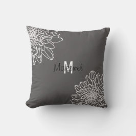 Trendy Grey met witte bloemen en naam Pillow Kussen